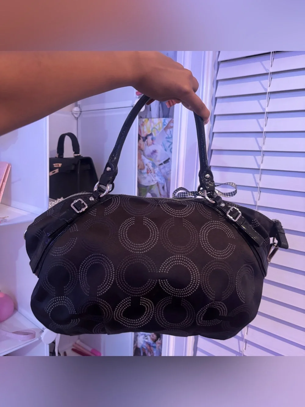 Coach Black Signature Dot Satchel with Bow Accent